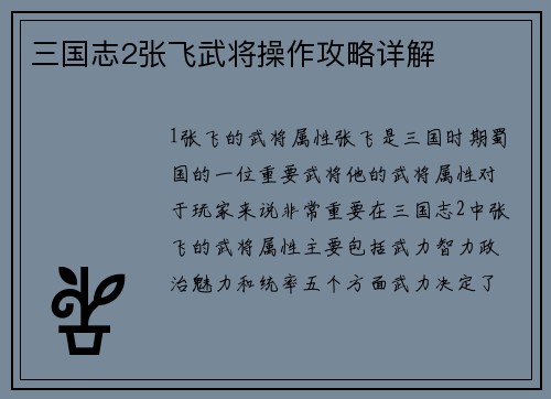 三国志2张飞武将操作攻略详解